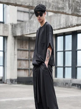 Originalaus dizaino banga prekės viršaus tamsiai juodų plaukų stilistas hem elastiniai marškinėliai Yamamoto stiliaus vyrų trumparankoviai marškinėliai