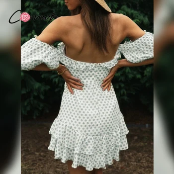 Conmoto Vestidos polka dot trumpa suknelė Elegantiškas off peties burbulas pynimas rankovės suknelės moteris Priežastinis vasaros atostogų paplūdimio suknelė