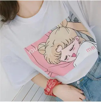Moterų Atsitiktinis marškinėlius Mielas Anime Sailor mergina Animacinių filmų trumpomis Rankovėmis T-Shirt Vasarą, O Kaklas Trumpas Rankovės Viršuje Tee Mergaičių Marškiniai, Drabužiai