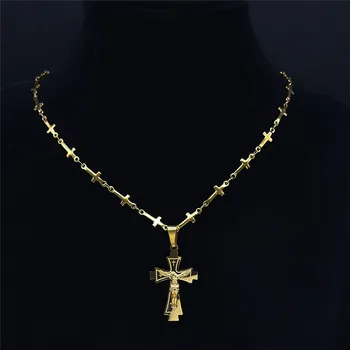 Nerūdijančio Plieno Katalikybė Jėzus Chokers Karoliai Moterims/Vyrams Aukso Spalvos Kryžius Pakabukas Jewery bijoux acier inoxidable NXS02