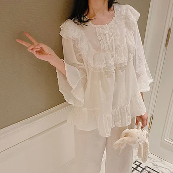 Moterų Pižama Nustatyti Pavasario Vasaros Pižamos Kostiumas Korėjos Saldus Princesė Ilgomis Rankovėmis Gražių Nėrinių Saldus Homewear Sleepwear Didelis Dydis