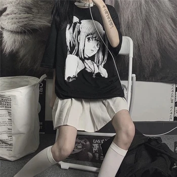 QWEEK Manga, Anime, Print T-marškinėliai Moterims Japonų Stiliaus trumpomis Rankovėmis Juoda Negabaritinių Grafinis T-shirt Viršuje Vasaros Moterų 2021
