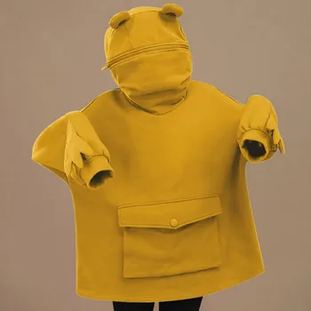 Negabaritinių Storio Moterų Varlės Hoodies Susiuvimo trimatis Bliuzono Kišenėje Mielas Varlės Dizaino Megztinis Geltona Sweatershirt