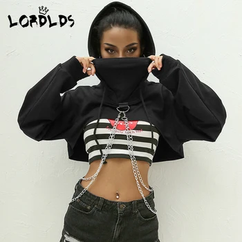 LORDLDS Moterų apkarpytos hoodie su grandinės Harajuku Pasėlių Viršuje Hoodie Juodos Palaidinės Ponios Streetwear Kratinys Jumper Traukti Femme