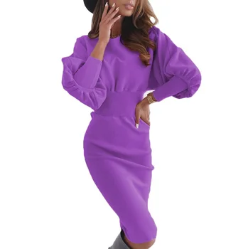 Moterų Drabužiai Kietas Slimness Aukštos Elastinga Juosmens Mados Pavasario Suknelė Ilgomis Rankovėmis Atsitiktinis Plus Size Vestidos Purple 