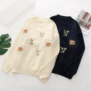 Pavasarį ir rudenį mados ir laisvalaikio naujas stilius korėjos laukinių apvalios kaklo megztinis mezgimo megztinis moterims laukinių Vakarų stiliaus palaidinė