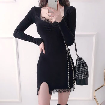 Korėjos Stiliaus 2021 M. Pavasarį Naujas Moterų Sexy Juoda Slim Ilgomis Rankovėmis Suknelė Mados Elegantiškas Ir Subtilus Mini Suknelė Moteris