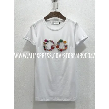 2021 Vasaros Moterų Vaivorykštės Spalvos Mygtuką Laišką Puošnios Baltos spalvos marškinėliai Grynos Medvilnės trumpomis Rankovėmis Aukštos Kokybės marškinėliai Viršų