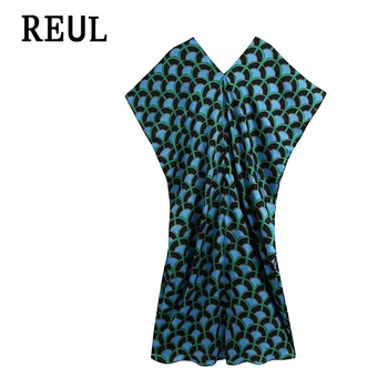 REUL Za 2021 Moterų Mados Plisuotos Asimetrinė Atspausdintas Mėlynos Midi Tunika Suknelė Vintage V-Kaklo trumpomis Rankovėmis Moterų Suknelės, Vestidos